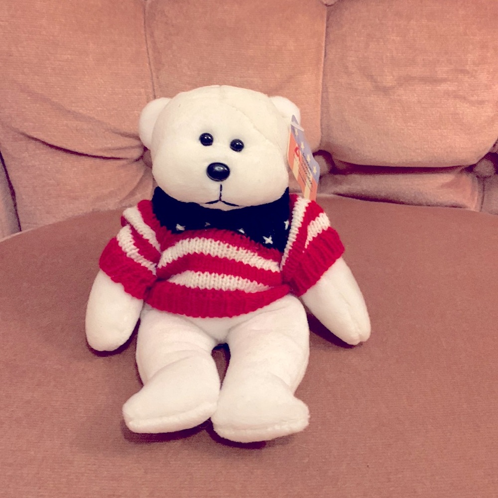 American beanie bear with patriotic sweater